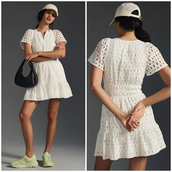 Anthropologie Somerset Eyelet Cotton Mini Dress Smocked Waist White Size Medium - Picture 1 of 13